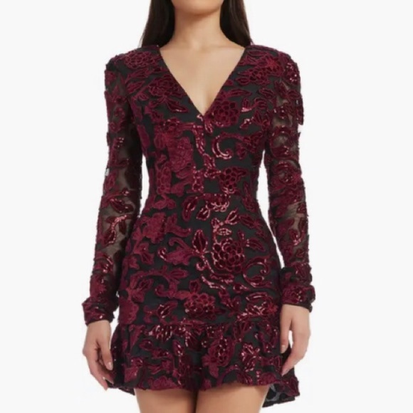 Dress The Population Kelsey Burgundy Black Mesh Sequin Velvet Ruffle Mini Dress
